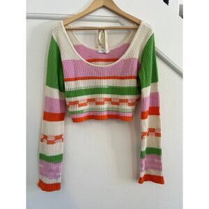 Grey Bandit Crochet Knit Striped Cropped Blouse Womens XL Beach Coastal Fairy